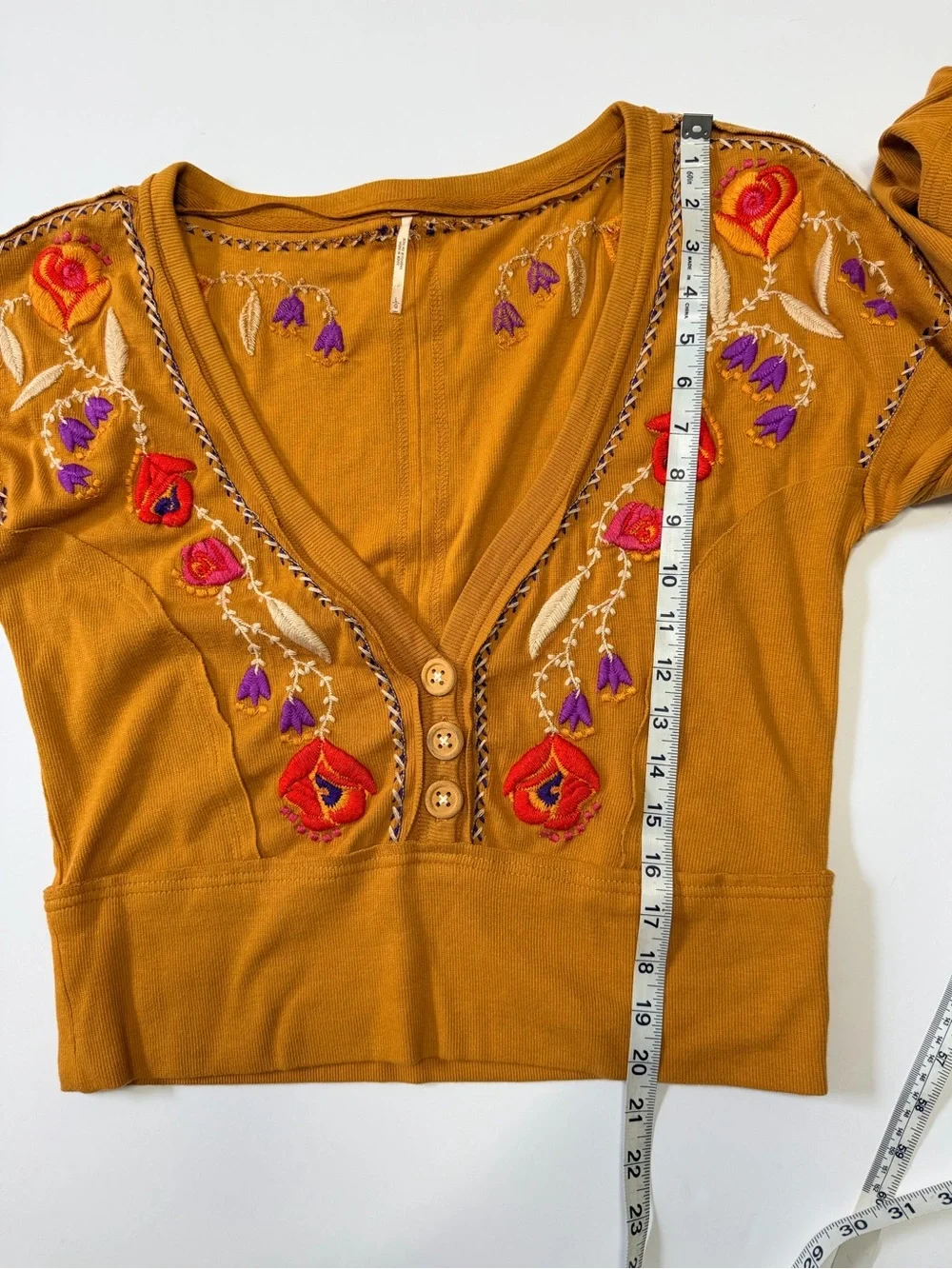 Free People Embroidered Boho Henley Pullover Mustard Floral Size L